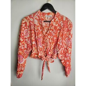 Rachel Zoe Floral Tie Front Crop Top Women's Size XS Balloon Sleeve Blouse
